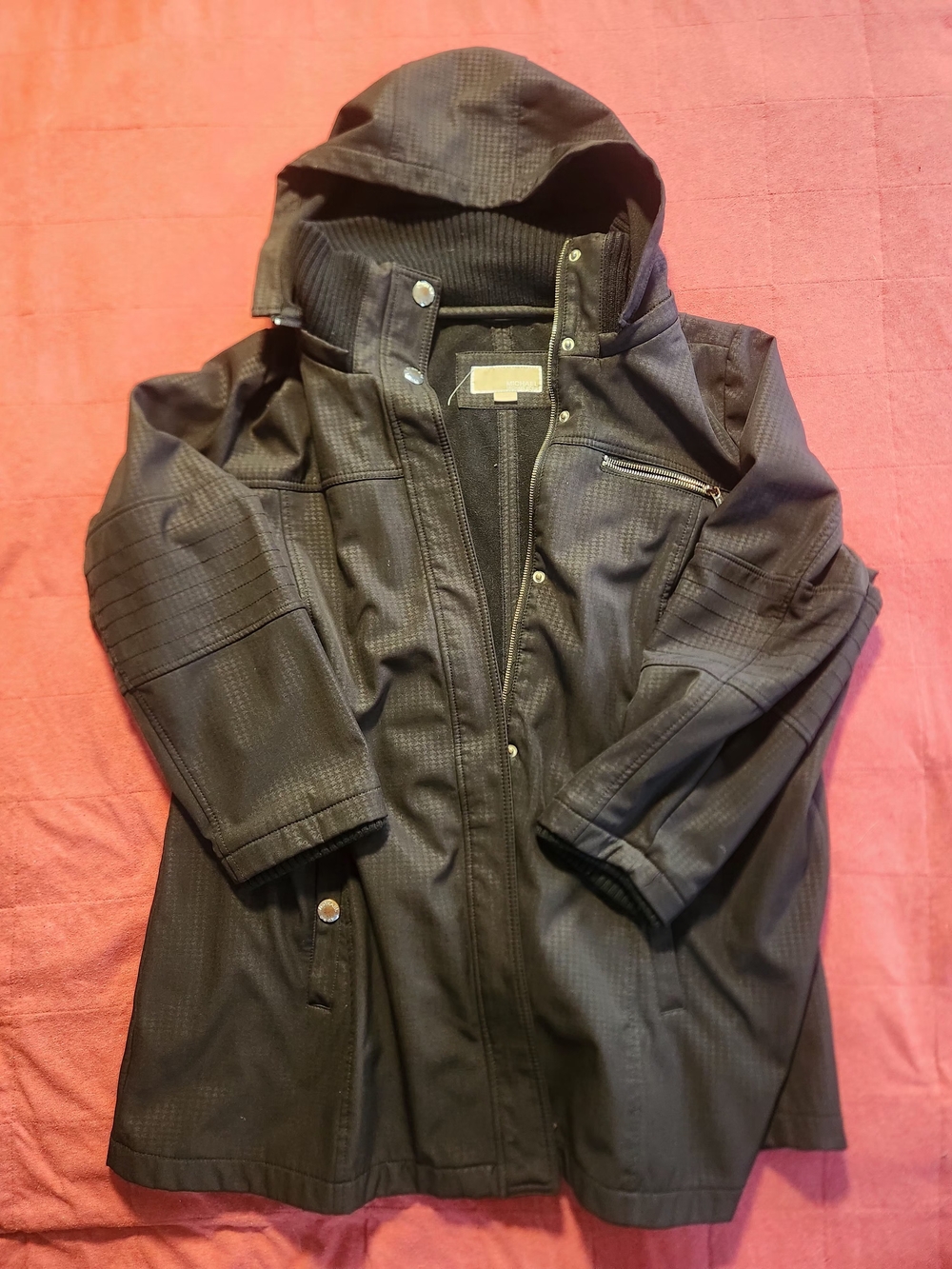 Michael Kors Black Hooded Raincoat with Zip & Snap Details